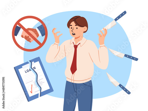 Betrayal in business concept. Broken handshake. Bad collaboration and cooperation. Unsuccessful deal between entrepreneur and investor, unreliable partner. Cartoon flat vector illustration