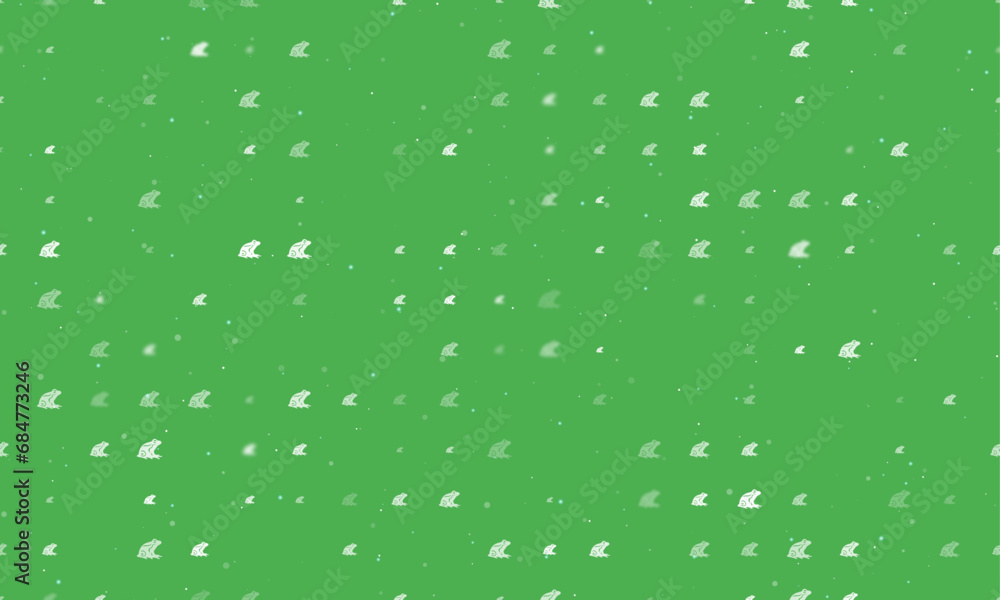 Seamless background pattern of evenly spaced white frog symbols of different sizes and opacity. Vector illustration on green background with stars Seamless background pattern of evenly spaced white frog symbols of different sizes and opacity. Vector illustration on green background with stars