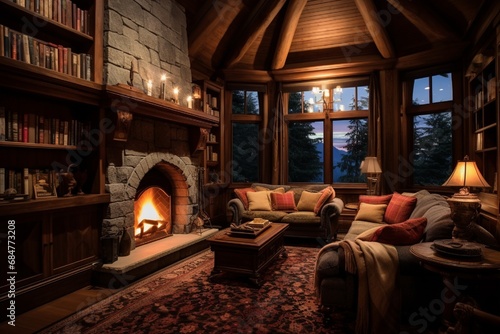 A cozy living room with a corner fireplace, comfortable seating, and built-in bookshelves.