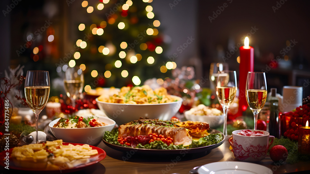 Christmas dinner. Festive table with delicious food