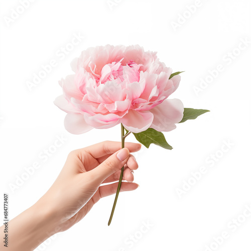 Female hand holding a peony flower on white background, Generative AI