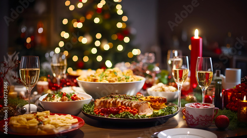 Christmas dinner. Festive table with delicious food