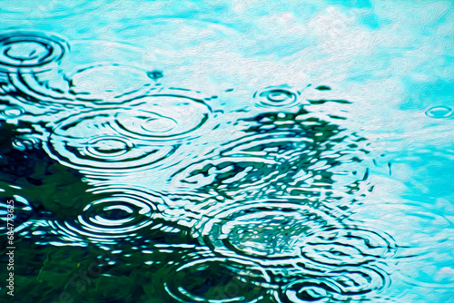 Ripple Effect in Water with Droplet & Circle Patterns in Sunlit Aqua Lake or River Water (filtered photo)- Artistic, Design,