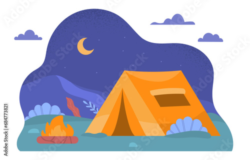Camping at night concept. Yellow tent with campfire with crescent and clouds. Active lifestyle and hiking. Poster or banner. Cartoon flat vector illustration isolated on white background