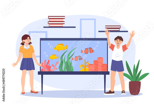 Children and aquarium concept. Boy and girl with glass with water. Reefs and corrals with fish. Nautical dweller and wild life. Cartoon flat vector illustration isolated on white background