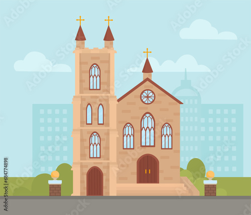 Church architecture concept. Modern and trendy religious builging. City and urban private property, real estate. Saint place, culture and traditions. Cartoon flat vector illustration photo