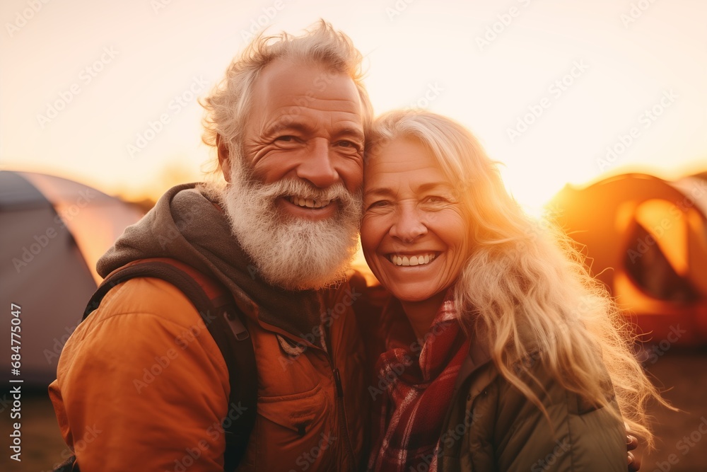 Active senior couple at camping, enjoying sunset outside. Happy holidays together Active senior couple at camping, enjoying sunset outside. Happy holidays together