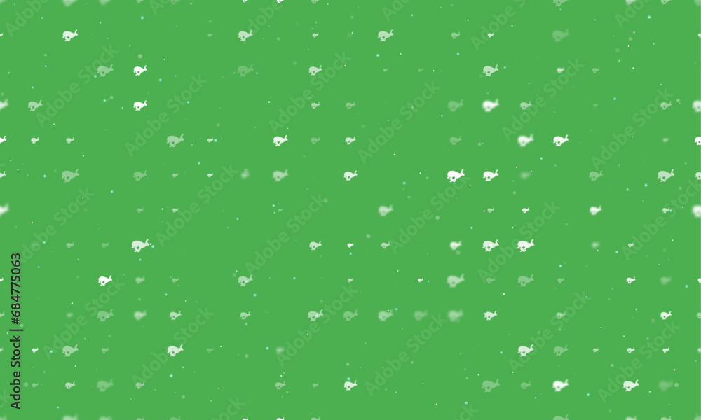 Seamless background pattern of evenly spaced white hare runs symbols of different sizes and opacity. Vector illustration on green background with stars Seamless background pattern of evenly spaced white hare runs symbols of different sizes and opacity. Vector illustration on green background with stars