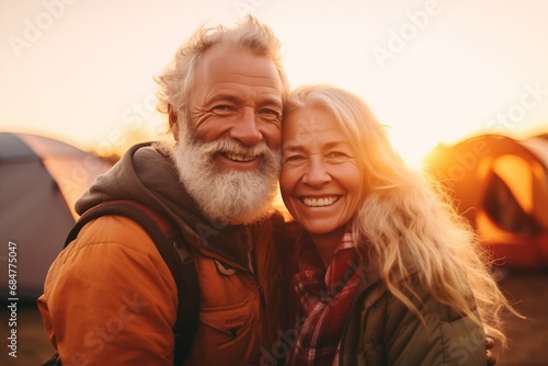 Active senior couple at camping, enjoying sunset outside. Happy holidays together © Catherine Chin