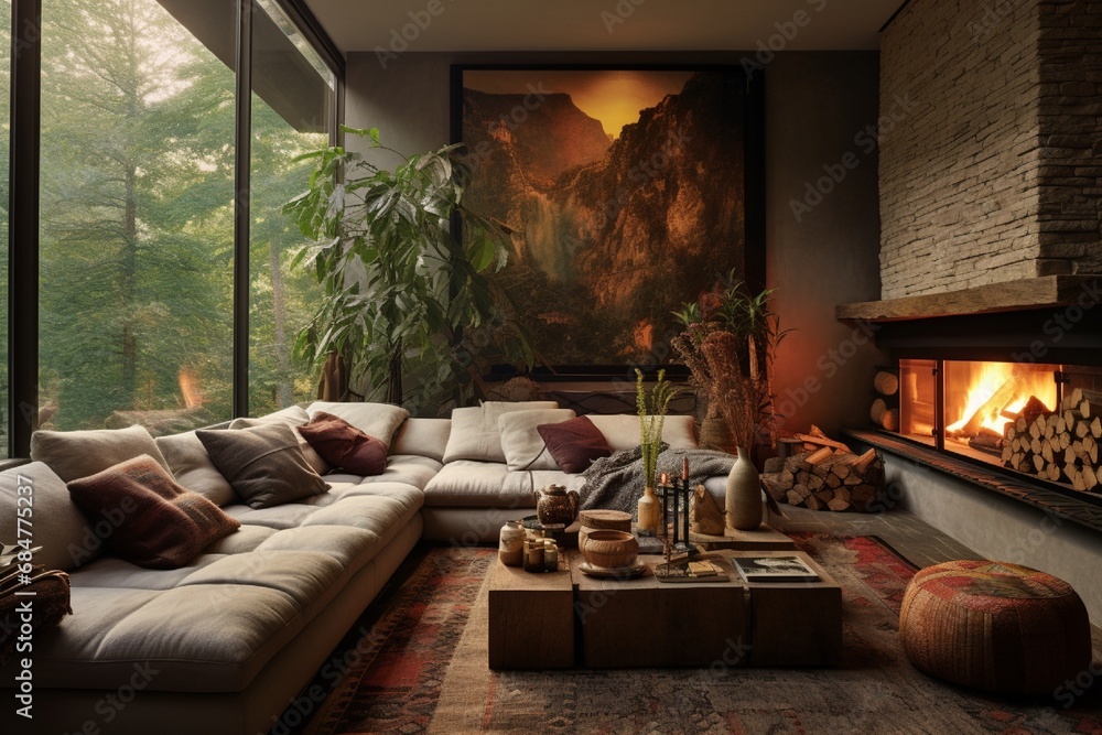 A cozy living room with a sectional sofa, layered rugs, and a wall-mounted fireplace. A cozy living room with a sectional sofa, layered rugs, and a wall-mounted fireplace.