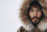 Arctic eskimo indigenous man portrait in traditional fur parka with snow on it on white background. ai generative