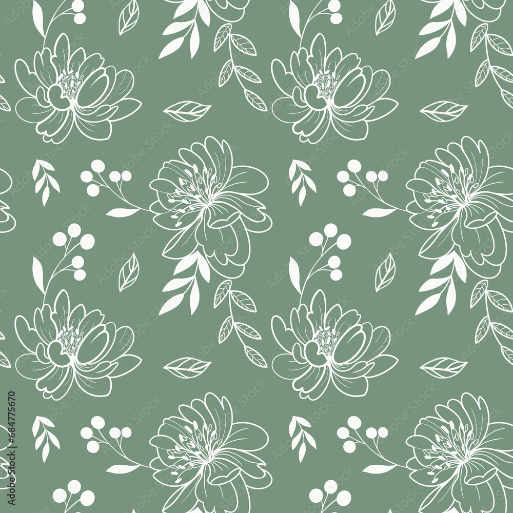 Seamless pattern with white vector line peonies and leaves
Seamless pattern with white vector line peonies and leaves