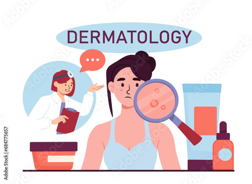 Dermatologist consultation concept. Face andd skin care. Medical treatments and spa procedures. Cream and lotion against acne. Cartoon flat vector illustration isolated on white background