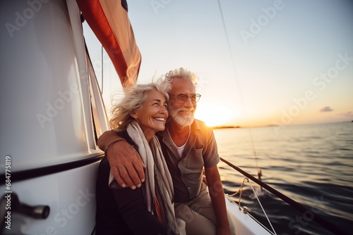 Active senior couple on a sailor boat enjoying sunset at the sea. Romantic date