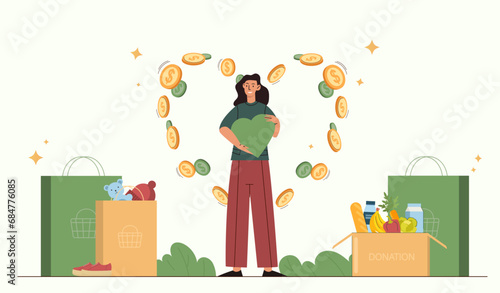 Woman with donation concept. Young girl with food and toys, money. Volunteer and activist of charitable foundation. Generosity and kindness, support and care. Cartoon flat vector illustration