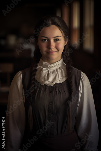 Pretty Young Amish Style Woman - Regency - Victorian - Old West - Colonial Era - Portrait - smiling and happy expression - Braids - brunette photo