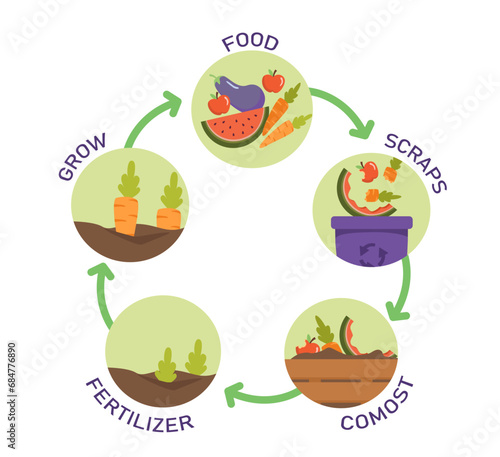Ecological process concept. Eductaional materials and infographics. Food, scrambs, compost,, fertilizer and grow steps. Cartoon flat vector illustration isolated on white background
