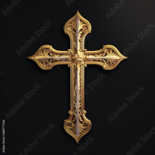 Religious crusifix symbol on brown fog background. Vector golden shiny orthodox cross.