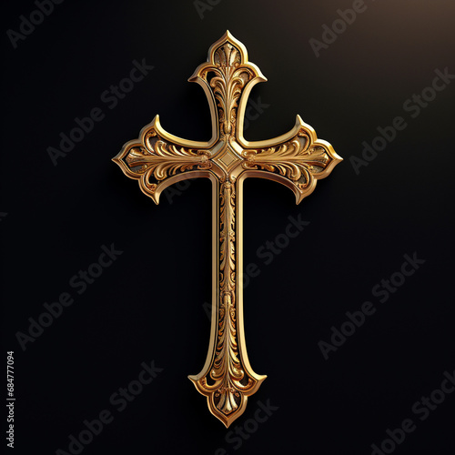 Religious crusifix symbol on brown fog background. Vector golden shiny orthodox cross.