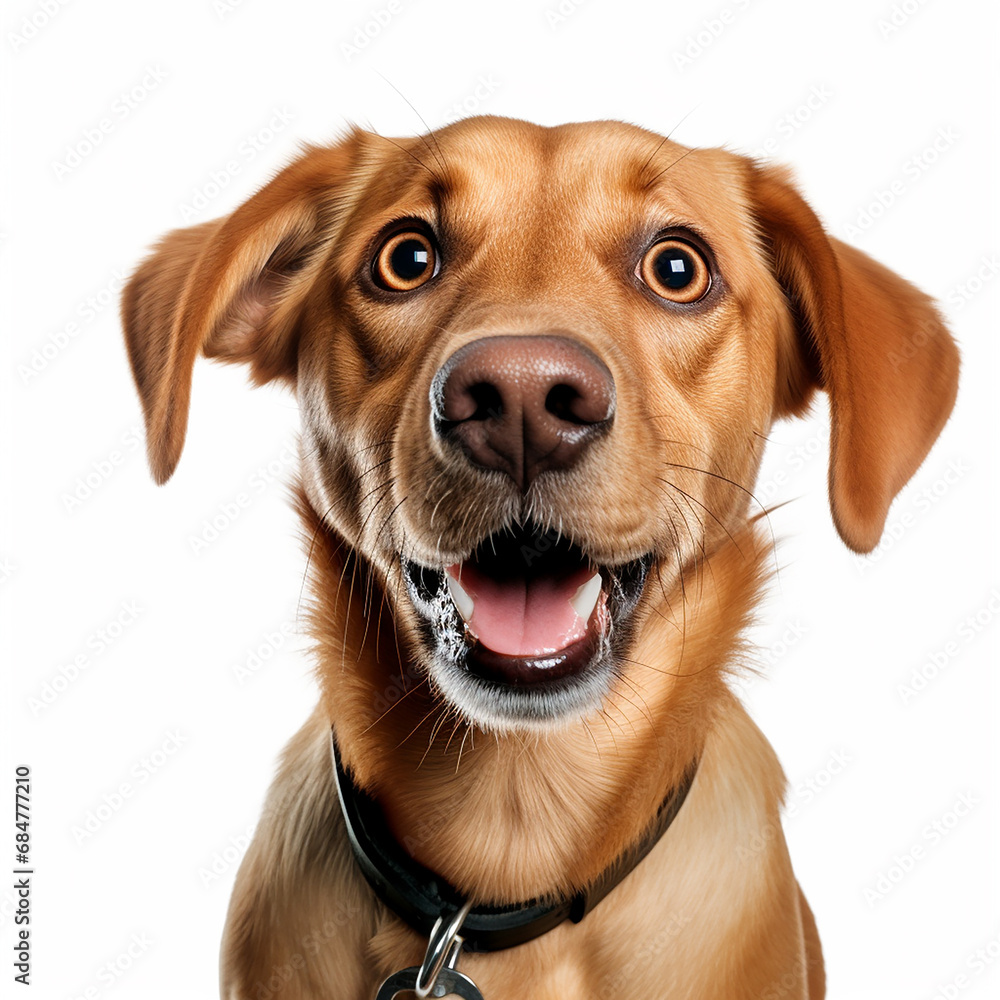 Funny photo of a dog with mouth wide open and a funny suprised or scared expression