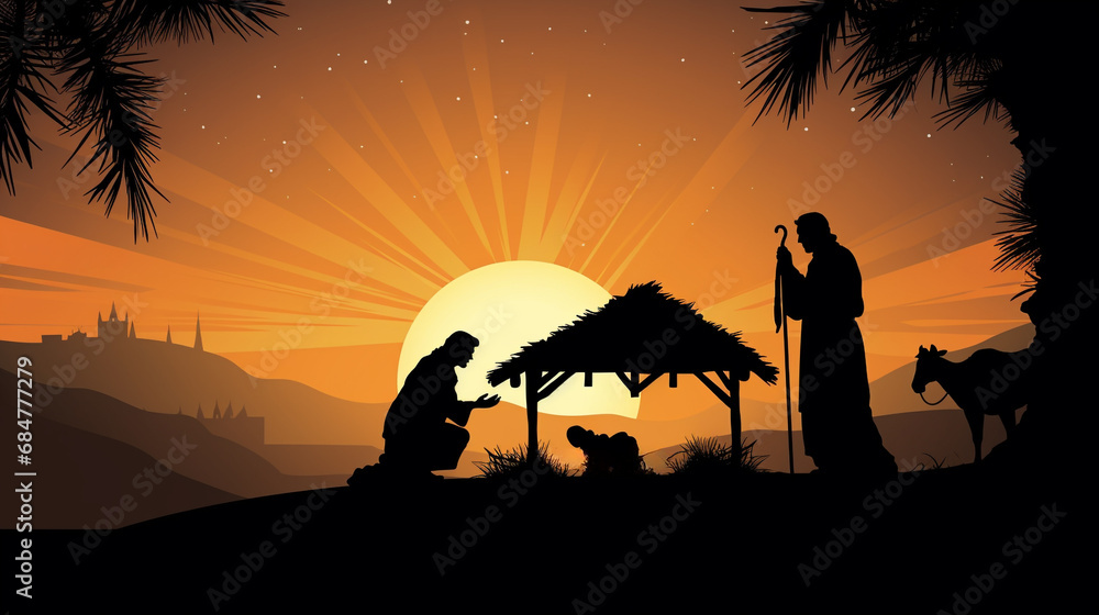 Christmas Christian Nativity Scene of baby Jesus in the manger with ...