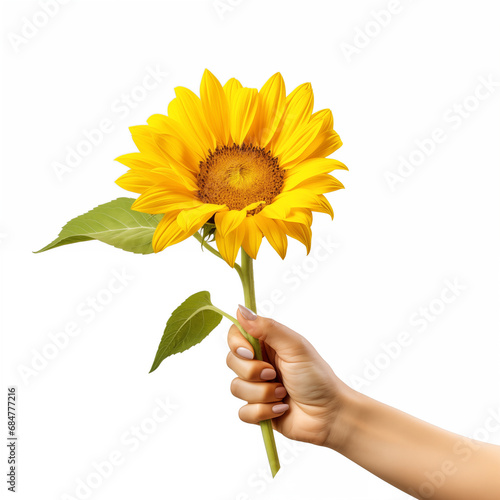 Female hand holding a sunflower on white background, Generative AI