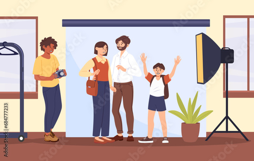 Family photo at studio concept. Man and woman with his kid near light sources. Photographer with young couple and boy. Memory and photography. Cartoon flat vector illustration