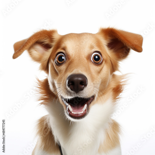 Funny photo of a dog with mouth wide open and a funny suprised or scared expression photo