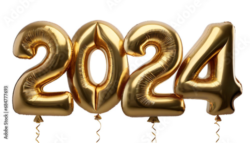 Happy new year Golden helium balloons 2024 on Transparent Background