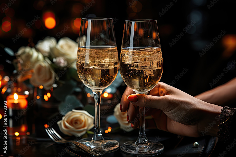 A couple of glasses of wine sitting on top of a table created with generative AI technology A couple of glasses of wine sitting on top of a table created with generative AI technology