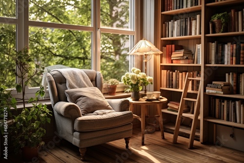 A cozy reading nook with a plush armchair, floor-to-ceiling bookshelves, and soft natural light streaming through a window. © hassan
