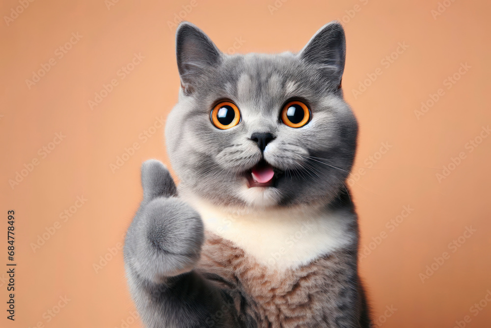 Photo of a surprised cat giving thumb up on solid background. ai generative