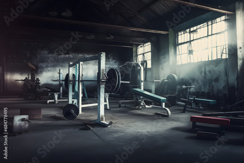 Modern of gym interior with equipment. Sports equipment in the gym. Neural network AI generated art photo