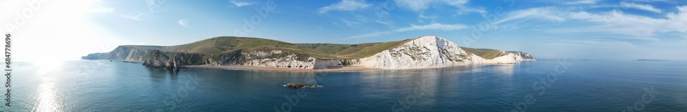 Ultra Wide High Resolution and High Angle View of Most Beautiful British Tourist Attraction and Sea View of Durdle Door Ocean, England UK