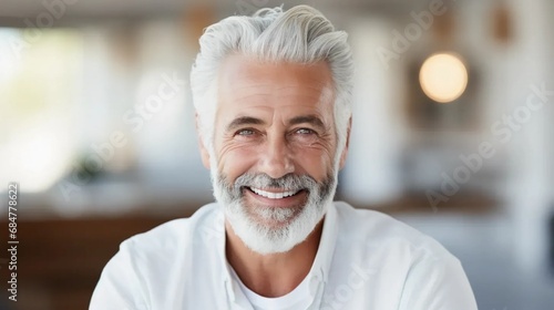 Senior man in light shirt, pensioner smiling on white background