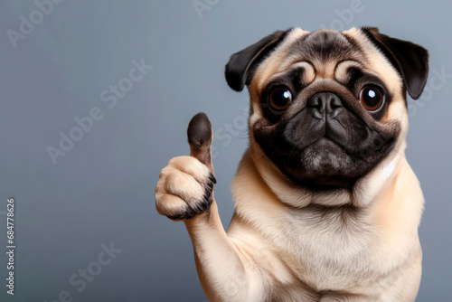 Photo of a surprised dog giving thumb up on solid background. ai generative photo