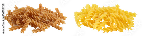 Wolegrain fusilli pasta from durum wheat isolated on white background with full depth of field.