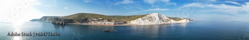 Ultra Wide High Resolution and High Angle View of Most Beautiful British Tourist Attraction and Sea View of Durdle Door Ocean, England UK
