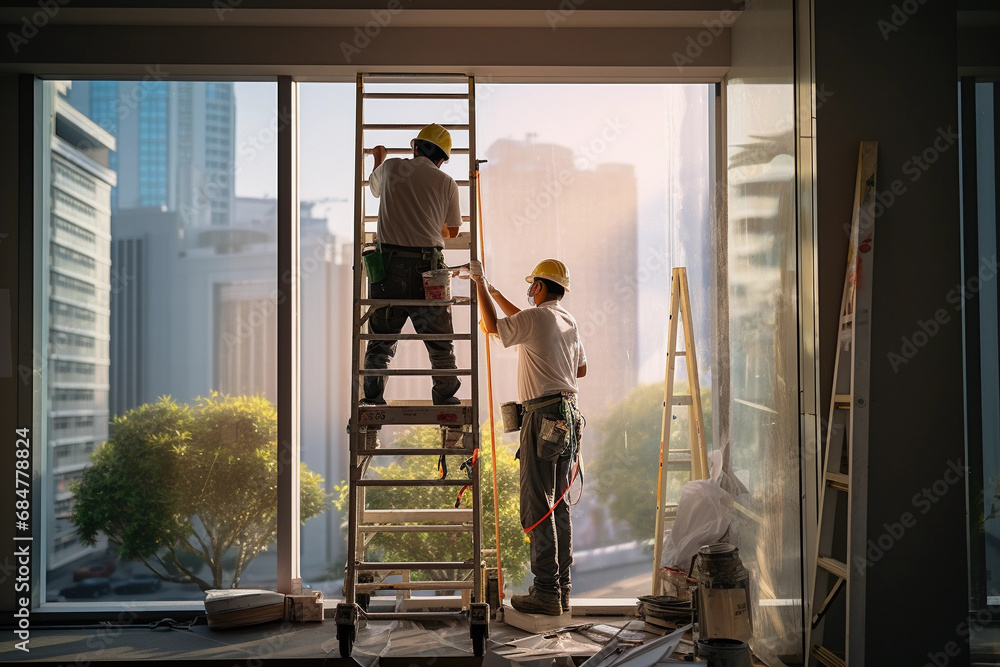 Young men installing bay window in a new house construction site Young men installing bay window in a new house construction site