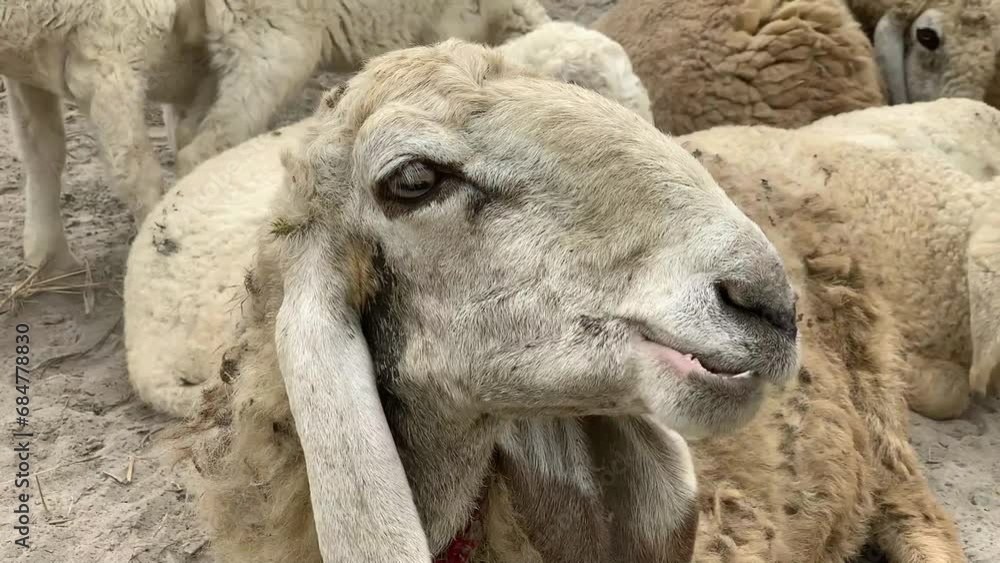 White Sheep Grazes Green Grass - Extreme Sheep Head Close-up. Beautiful 4K Slow Motion Footage. White Sheep Grazes Green Grass - Extreme Sheep Head Close-up. Beautiful 4K Slow Motion Footage.