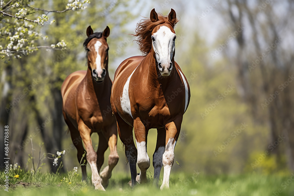 Fototapeta premium Two beautiful horse run gallop on flowers field with blue sky behind