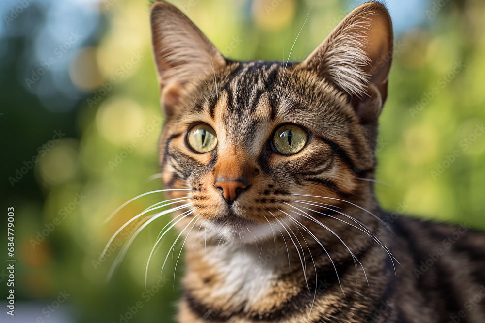 A close portrait of a striped cat outside of a home