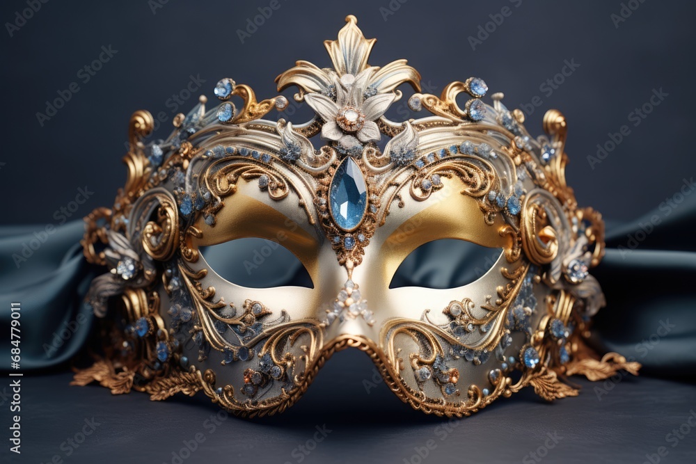 An avant-garde carnival mask featuring abstract shapes and metallic elements