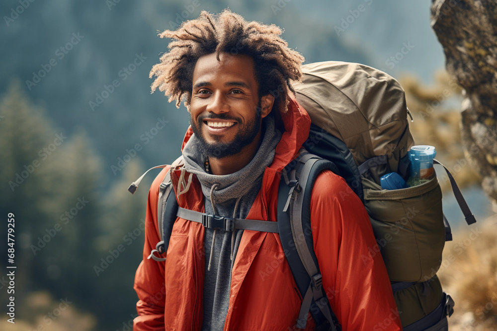 Smiling african american hiker walking with backpack in nature