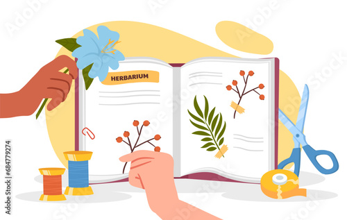 Herbarium book concept. Hand with plants and scissors with threads. Education, biology and floristry. Person with dry flowers. Cartoon flat vector illustration isolated on white background