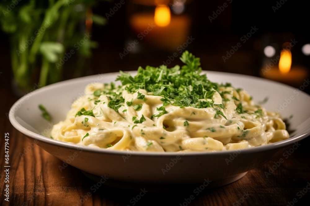 A bowl of creamy pasta with a rich Alfredo sauce, garnished with parsley and grated Parmesan cheese.
