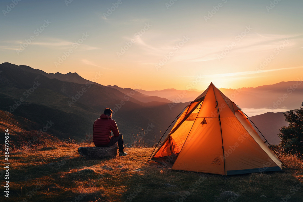 Man traveling with tent camping on mountain top outdoor adventure lifestyle hiking active extreme summer vacations sunset and clouds view