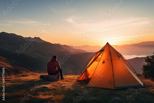Man traveling with tent camping on mountain top outdoor adventure lifestyle hiking active extreme summer vacations sunset and clouds view