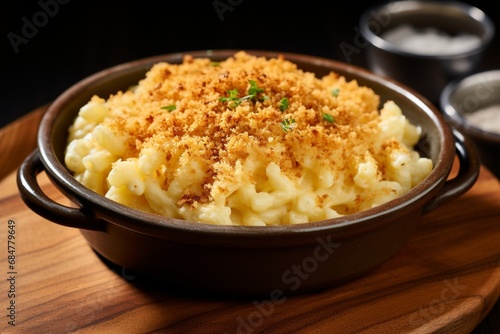 A delicious bowl of creamy macaroni and cheese with a golden breadcrumb topping.