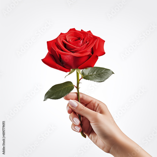Female hand holding a red rose on white background, Generative AI